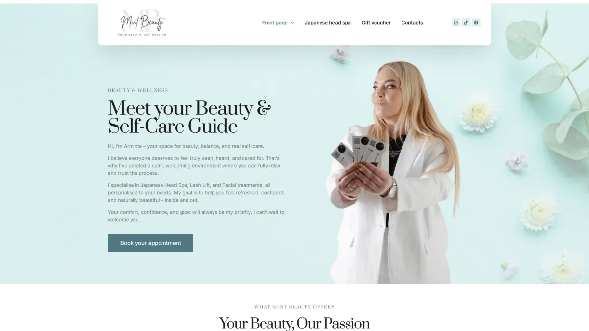 Mintbeautyspa.ie svetainės ekrano nuotrauka