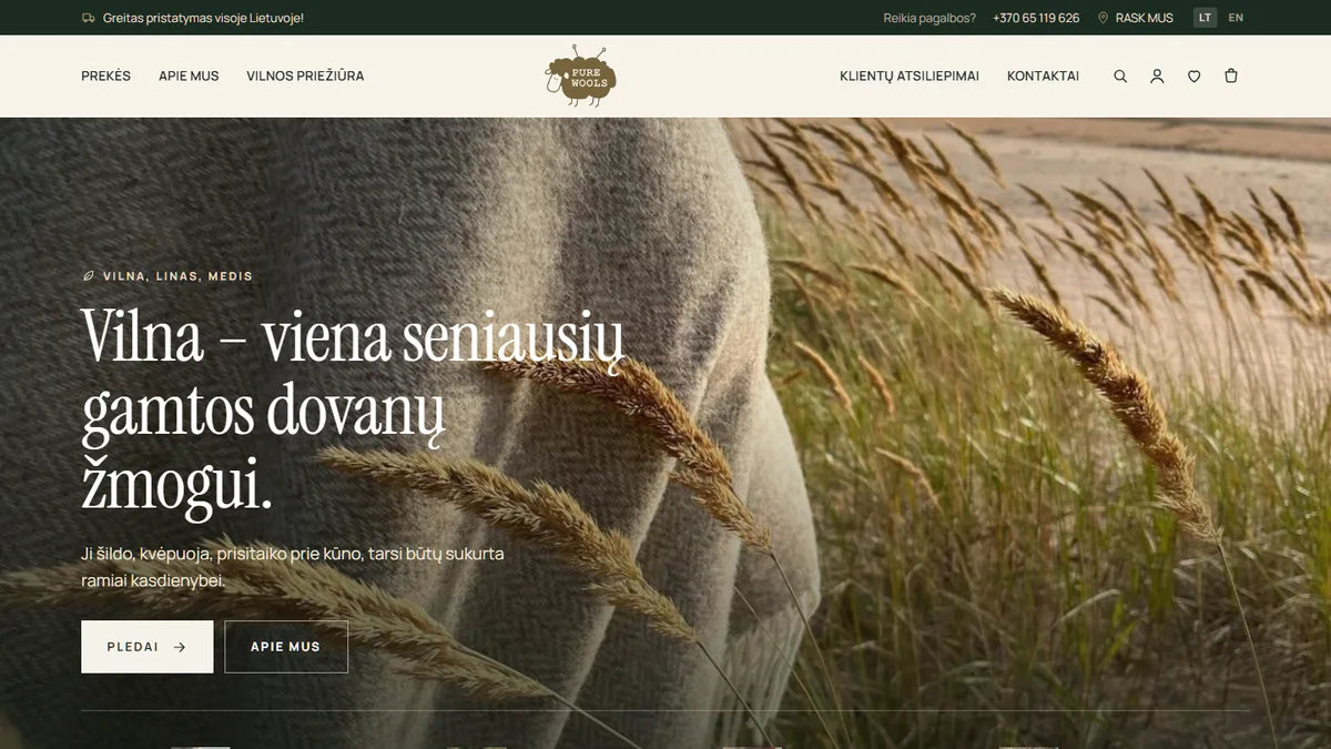 Purewools.com svetainės ekrano nuotrauka